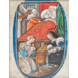 Miniature on paper: 'Birth of the Virgin', part of a historiated initial from an illuminated manuscr