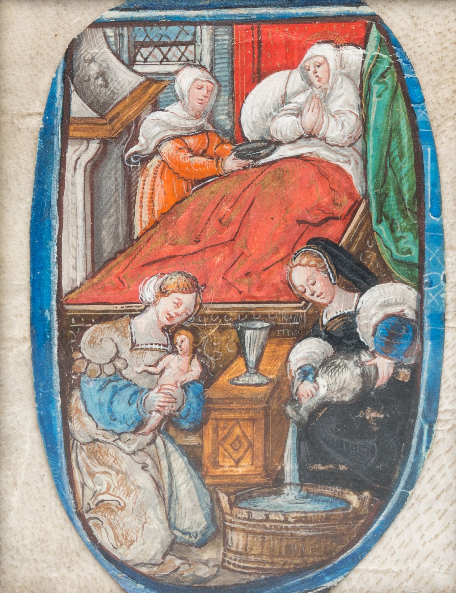 Miniature on paper: 'Birth of the Virgin', part of a historiated initial from an illuminated manuscr