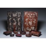 Six Chinese wooden stands and three trays with inlay of mother-of-pearl, 19/20th C.