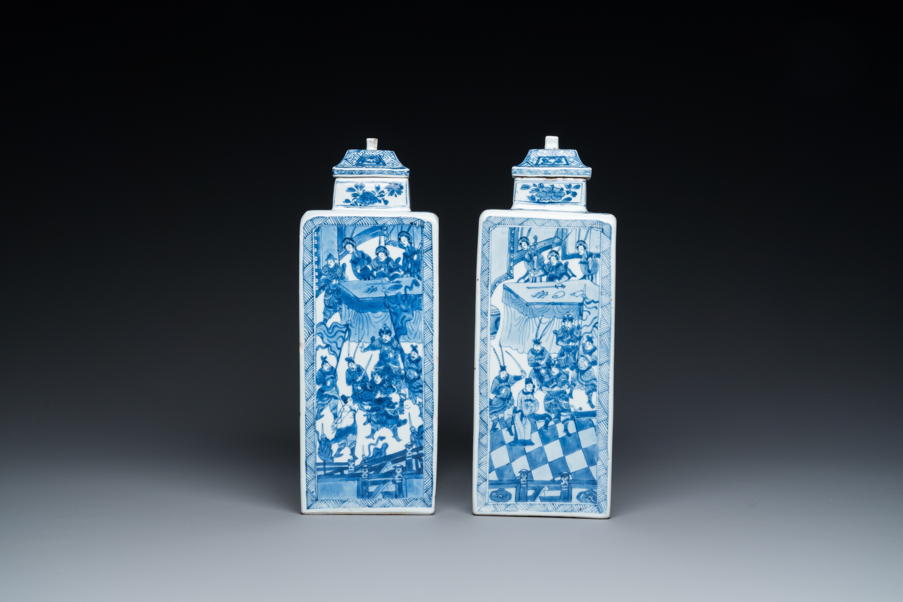 A pair of Chinese blue and white square 'narrative subject' vases and covers, Kangxi - Image 4 of 8