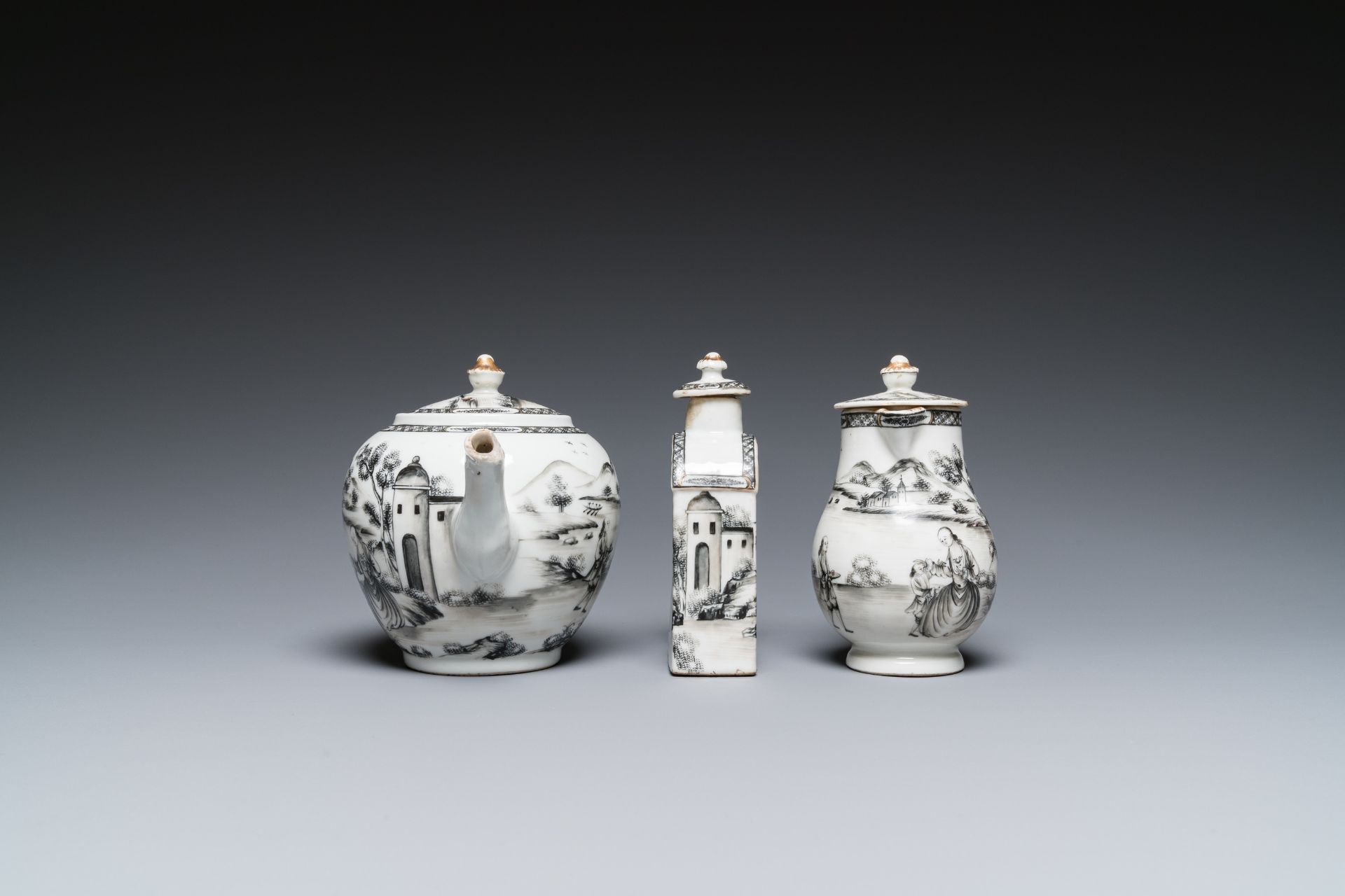 A Chinese grisaille 11-piece tea service with a European lady with a child, Qianlong - Image 5 of 15