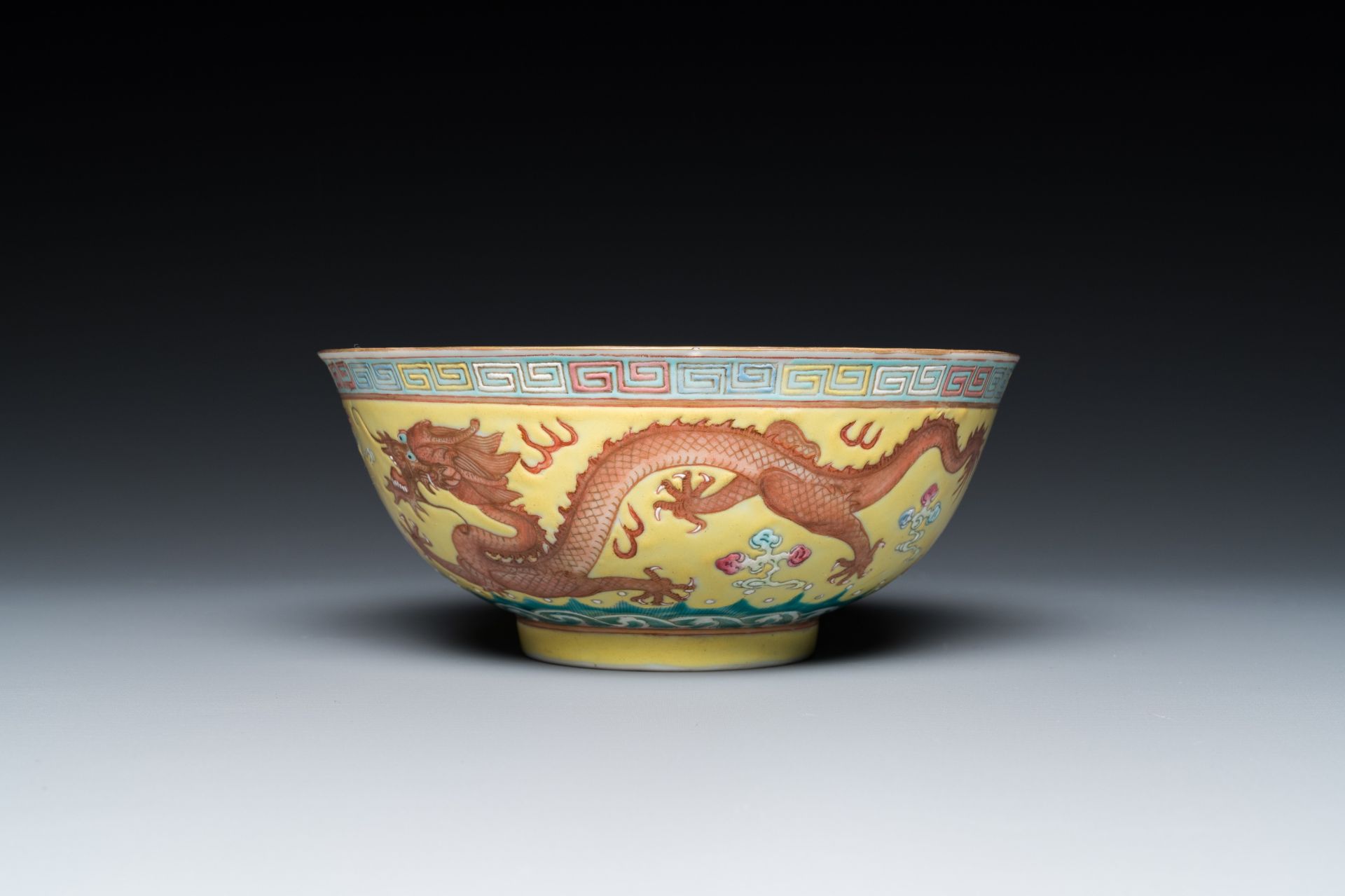 A Chinese yellow-ground famille rose 'dragon and phoenix' bowl, Guangxu mark and of the period - Image 2 of 7