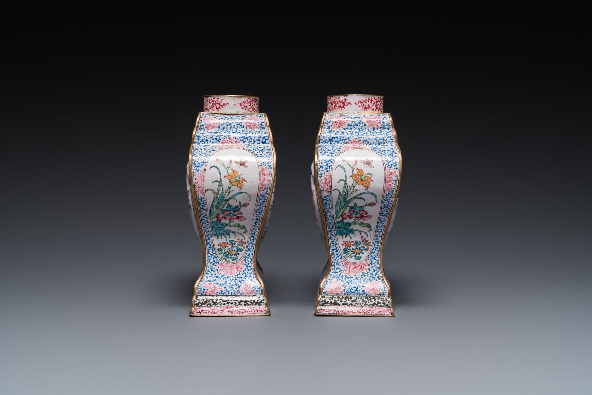 A pair of rare Chinese Canton enamel 'double eagle' vases, Yongzheng - Image 3 of 7