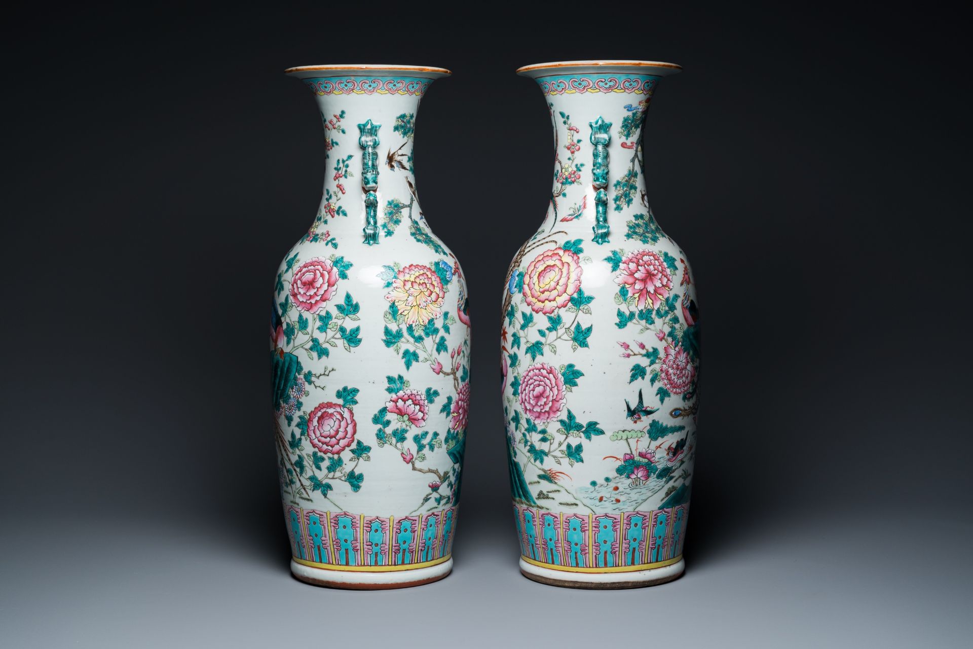 A pair of Chinese famille rose 'phoenixes and pheasants' vases, 19th C. - Image 2 of 6