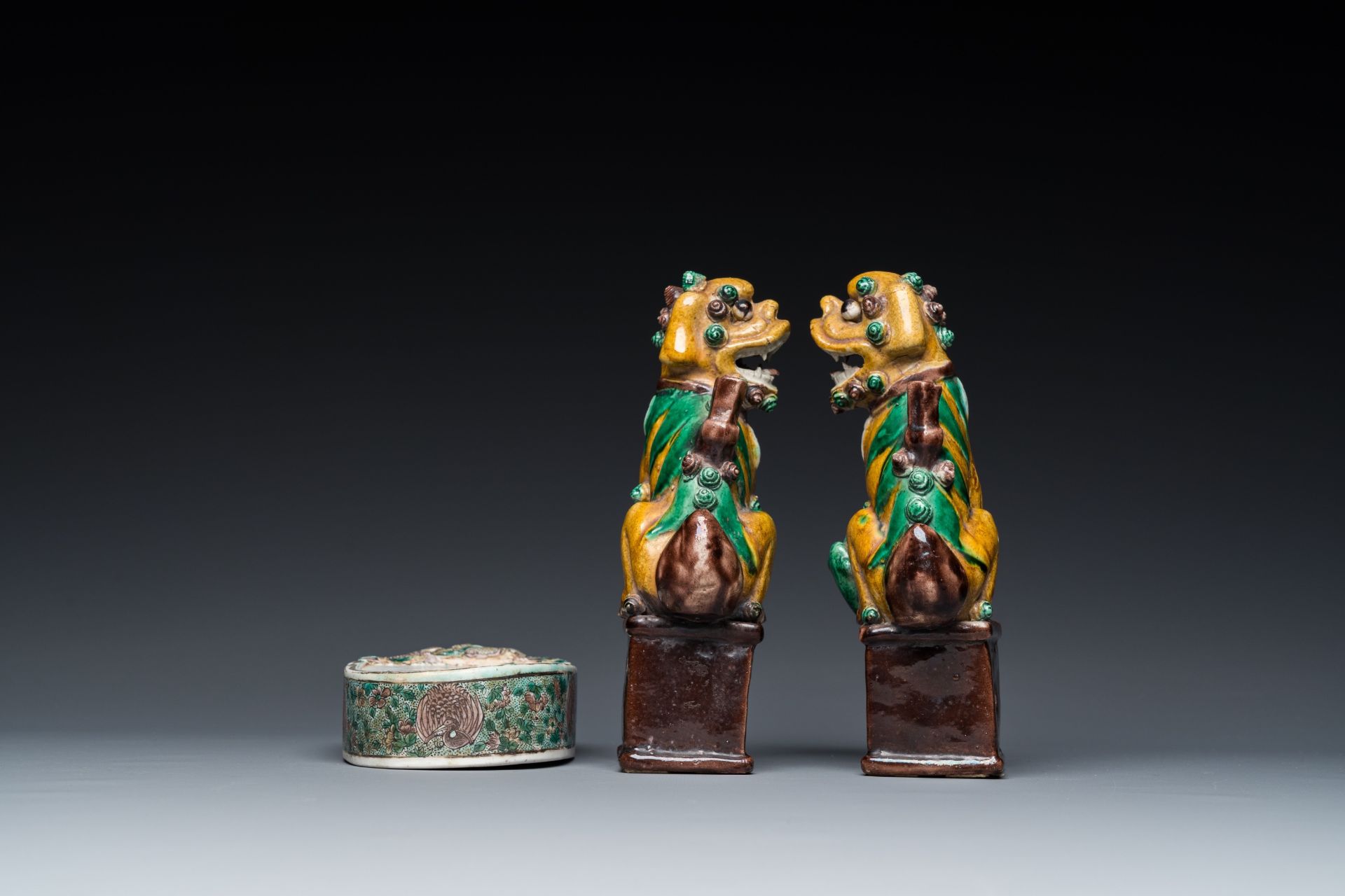 A pair of Chinese sancai incense stick holders and a verte biscuit inkstone, Kangxi or later - Image 5 of 7