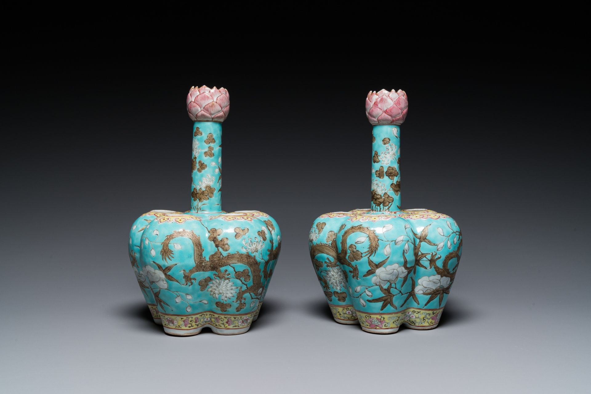 A pair of Chinese famille rose turquoise-ground flower vases with dragons, 19th C. - Image 2 of 7