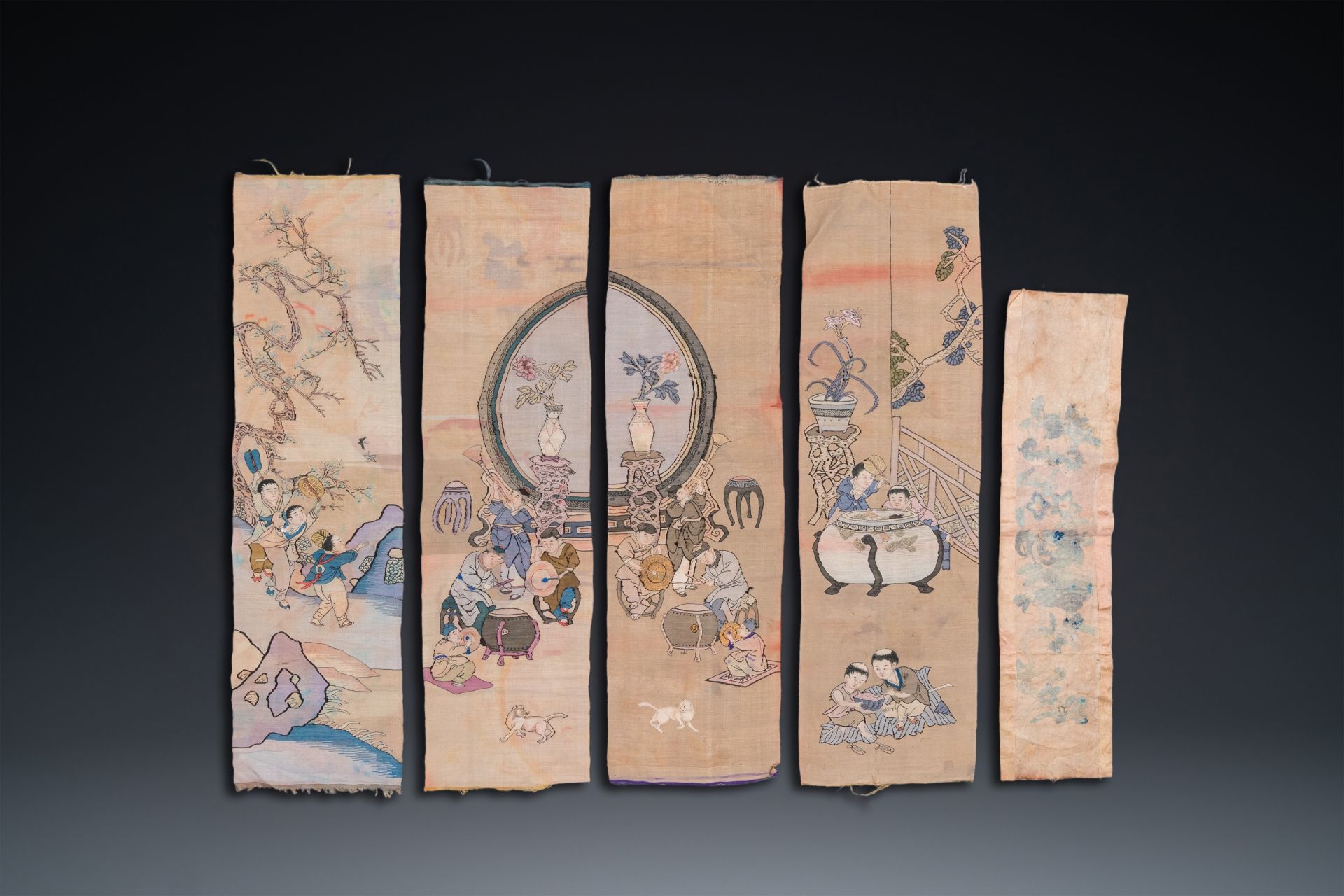 Five Chinese embroidered silk panels, 19th C. - Image 3 of 9