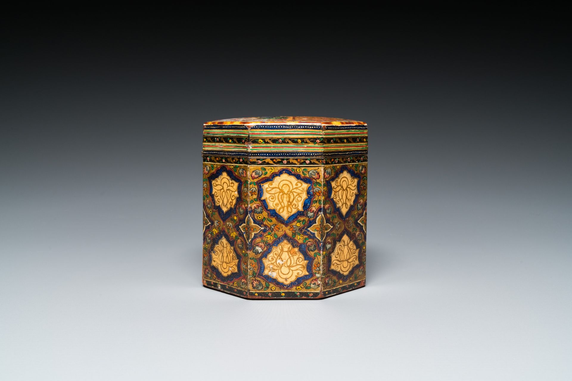 A painted and lacquered wooden Qur'an stand and a box and cover, Qajar, Persia, 19th C. - Image 12 of 16