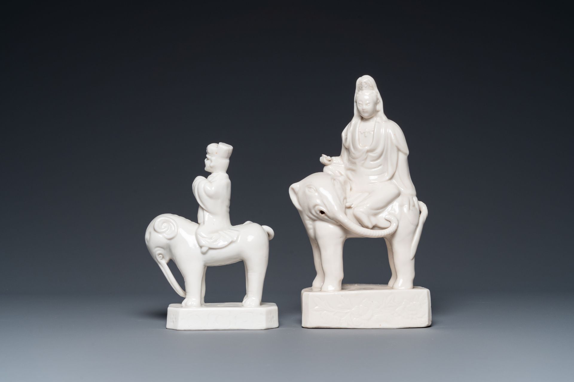 Two Chinese Dehua blanc de Chine sculptures of Guanyin and a Sogdian merchant on an elephant, Kangxi - Image 2 of 7