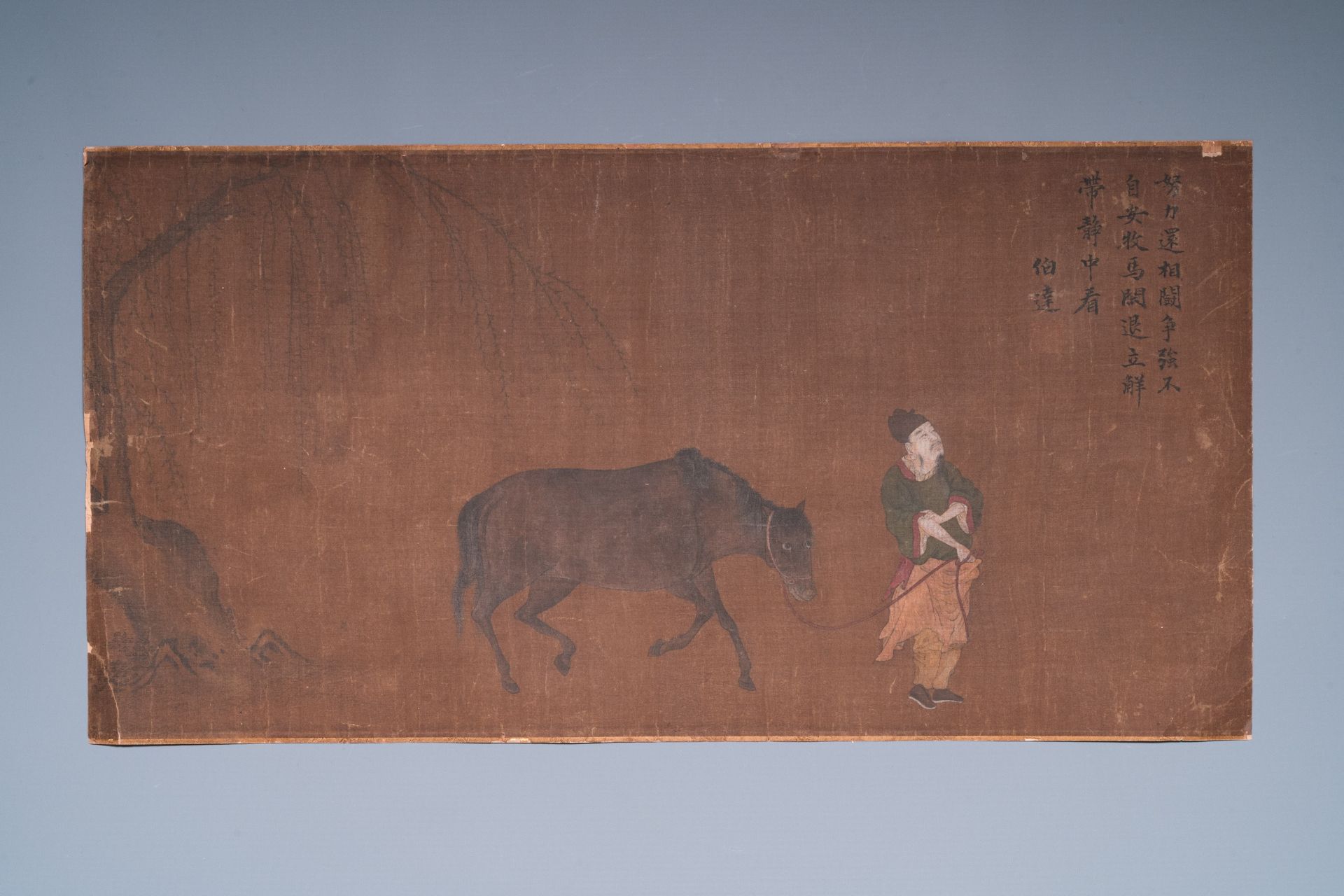 Bo Yuan ä¼¯é : 'A groom leads a horse', ink and colour on silk, probably Ming - Image 2 of 6