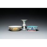 Two Chinese famille rose 'dragon' bowls and a vase with floral design, 19/20th C.