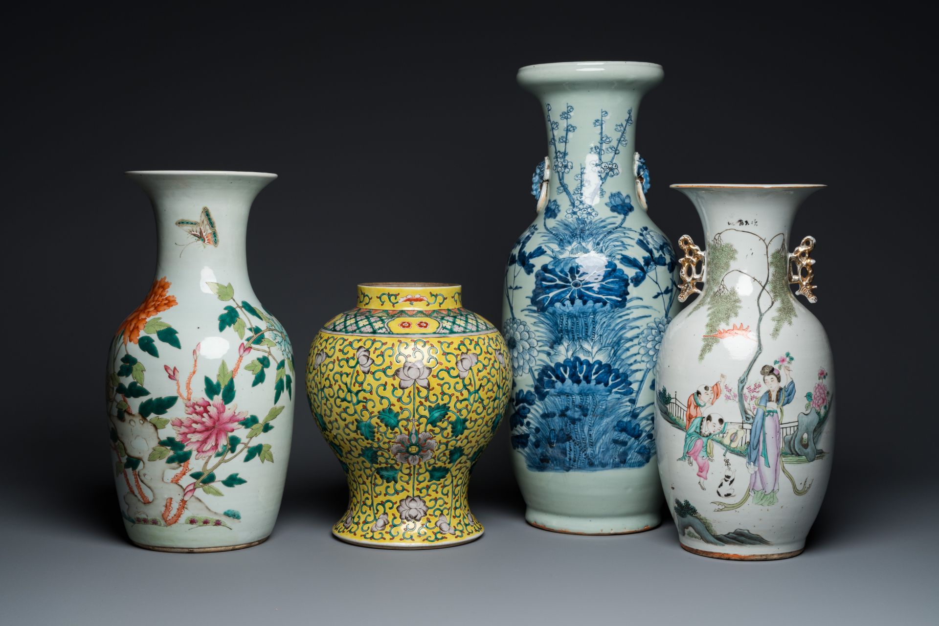 Four Chinese famille rose and celadon-ground vases, 19/20th C.