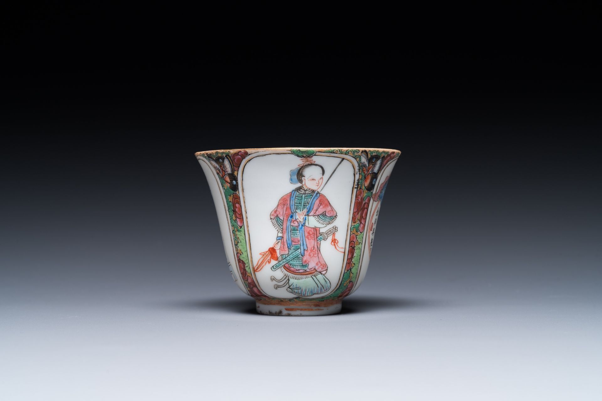 A Chinese Canton famille rose 'Wu Shuang Pu' cup and saucer and a tureen and cover, 19th C. - Image 7 of 10