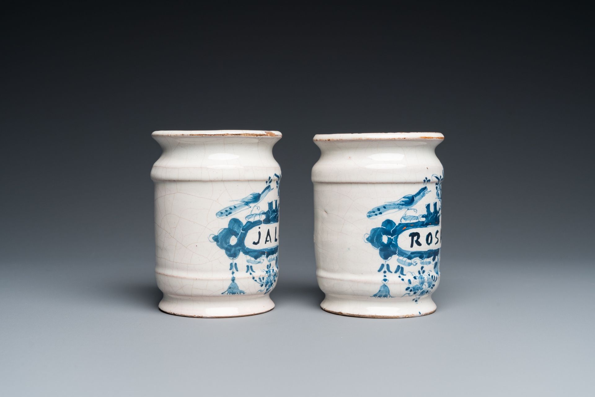 Two Dutch Delft blue and white drug jars and a polychrome Brussels faience dish with a rider on hors - Image 6 of 10