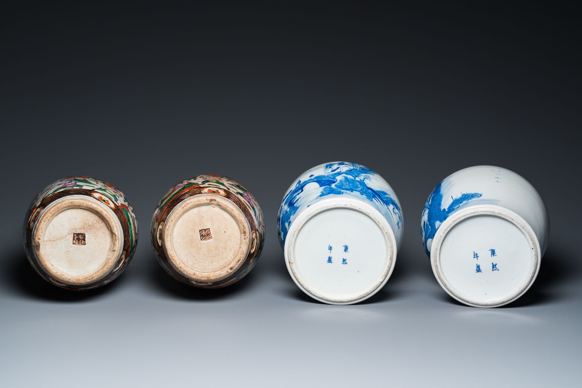 A pair of Chinese blue and white covered vases and a pair of Nanking famille rose vases, 19th C. - Image 7 of 9