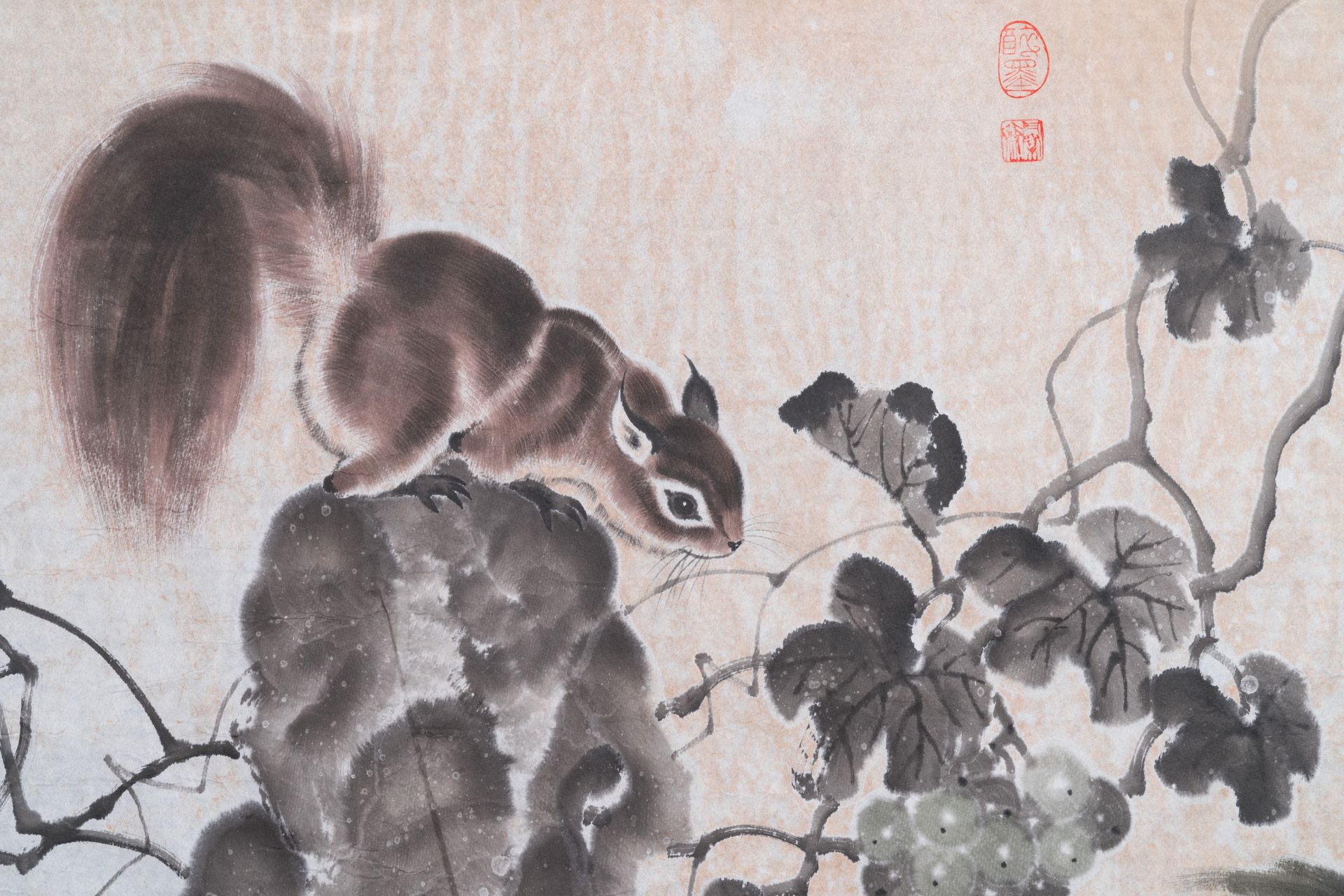Liu Ruihua åŠ‰ç‘žè¯ (1971): 'Squirrels and grapes', ink and colour on paper, dated 1995 and Jiang Y - Image 13 of 17