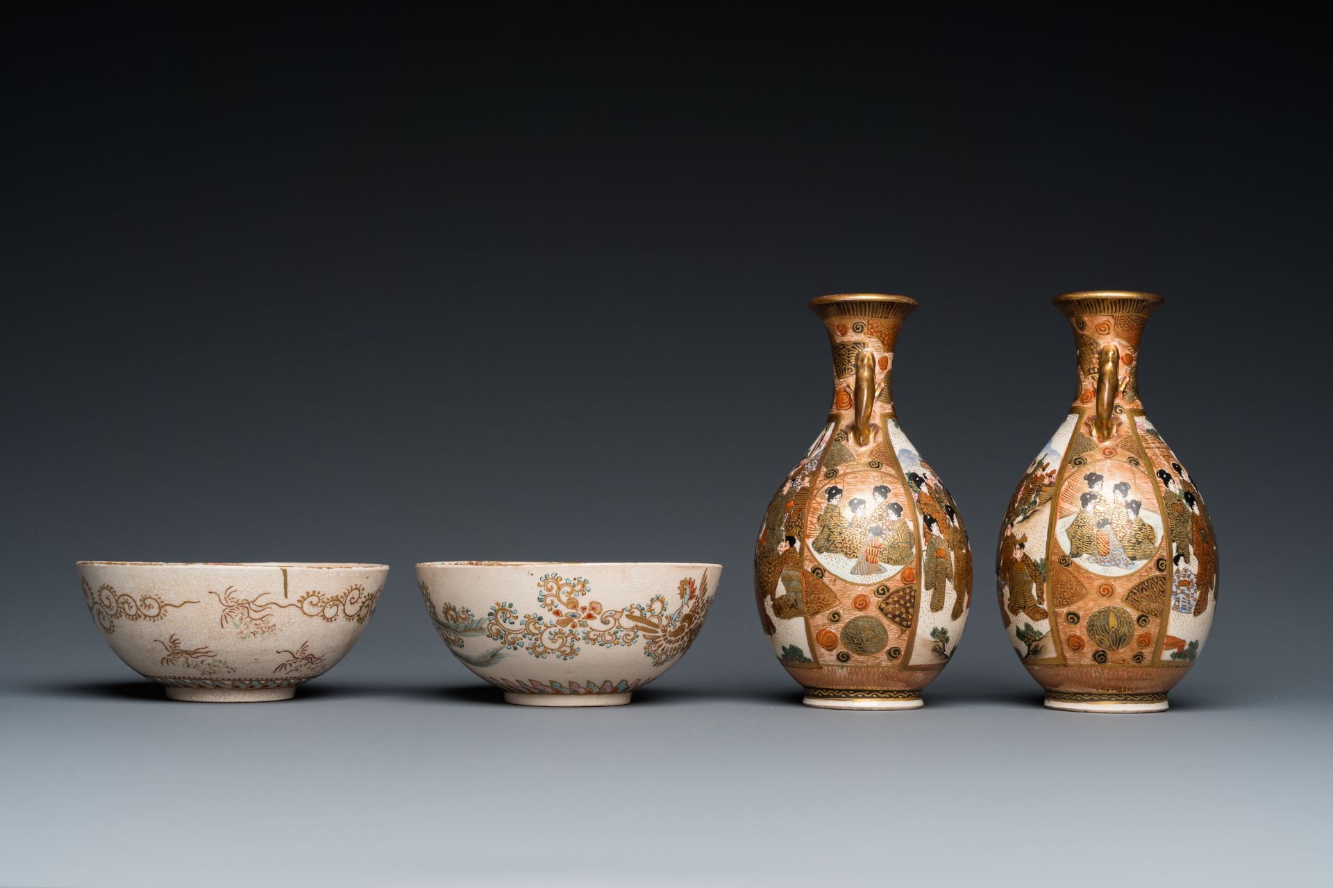 A pair of Japanese Satsuma bowls and a pair of vases, Meiji, 19th C. - Image 5 of 7