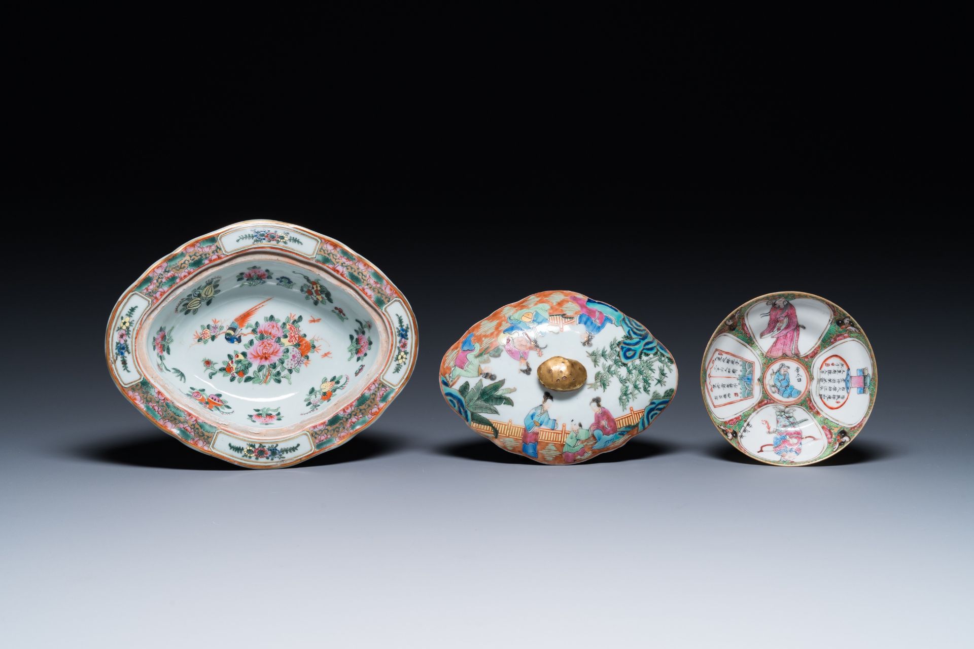 A Chinese Canton famille rose 'Wu Shuang Pu' cup and saucer and a tureen and cover, 19th C. - Image 2 of 10