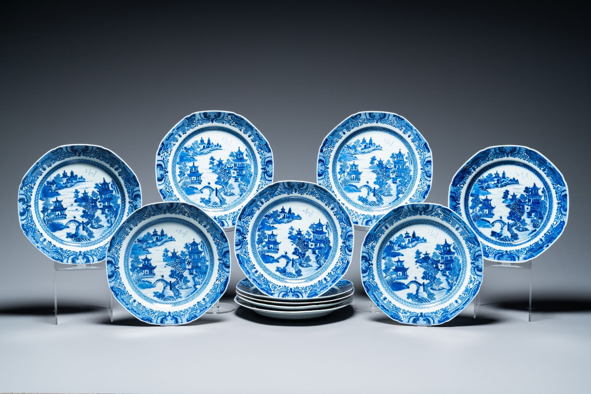 A Chinese blue and white 53-piece service, Qianlong - Image 10 of 19