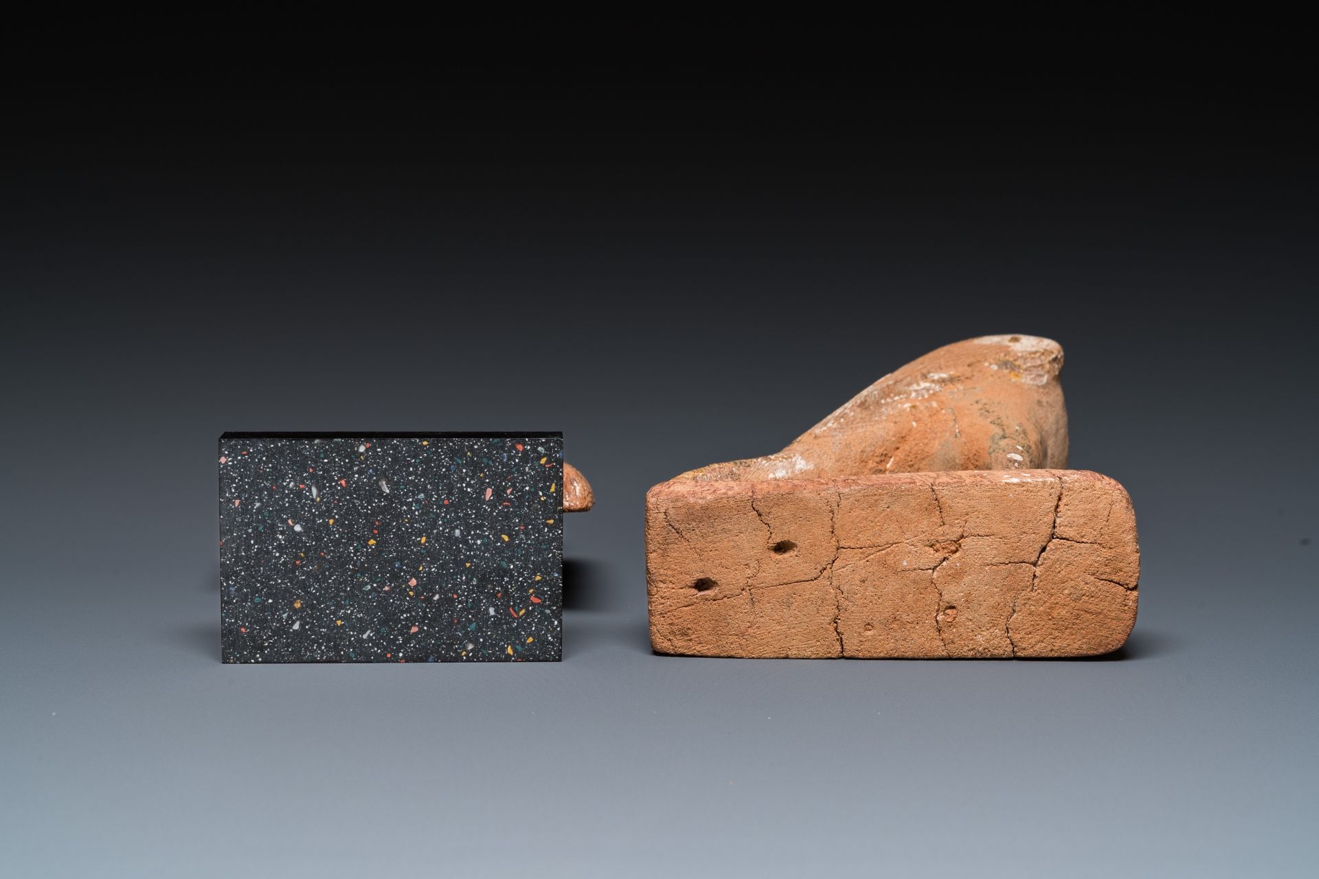 An Egyptian wooden Horus falcon and a fragment of a farao sculpture, Late Period - Image 7 of 7