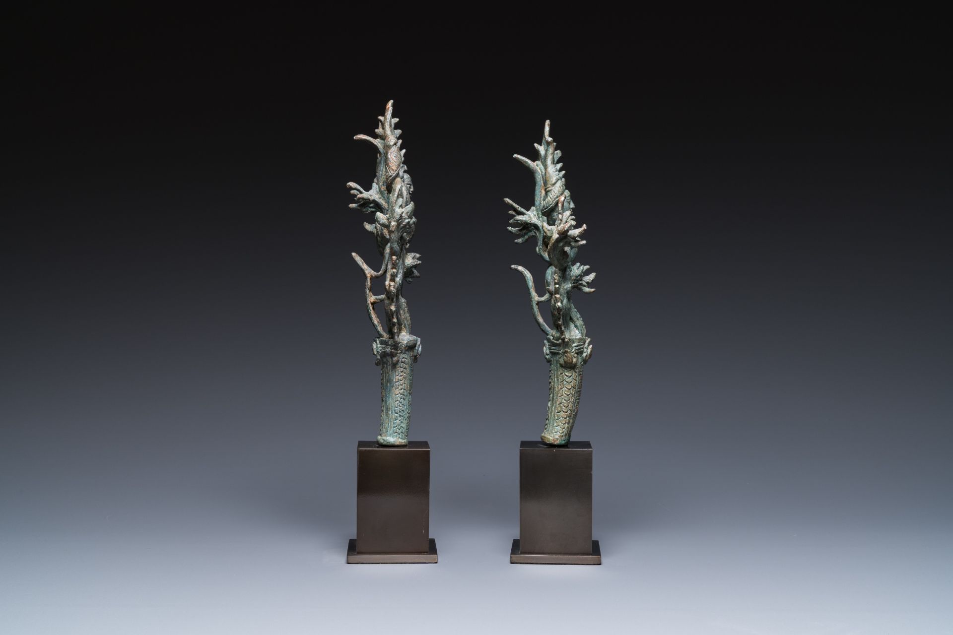 A pair of Khmer bronze ornaments showing dancing Apsaras in Bayon-style, Cambodia, Angkor period, 13 - Image 2 of 5