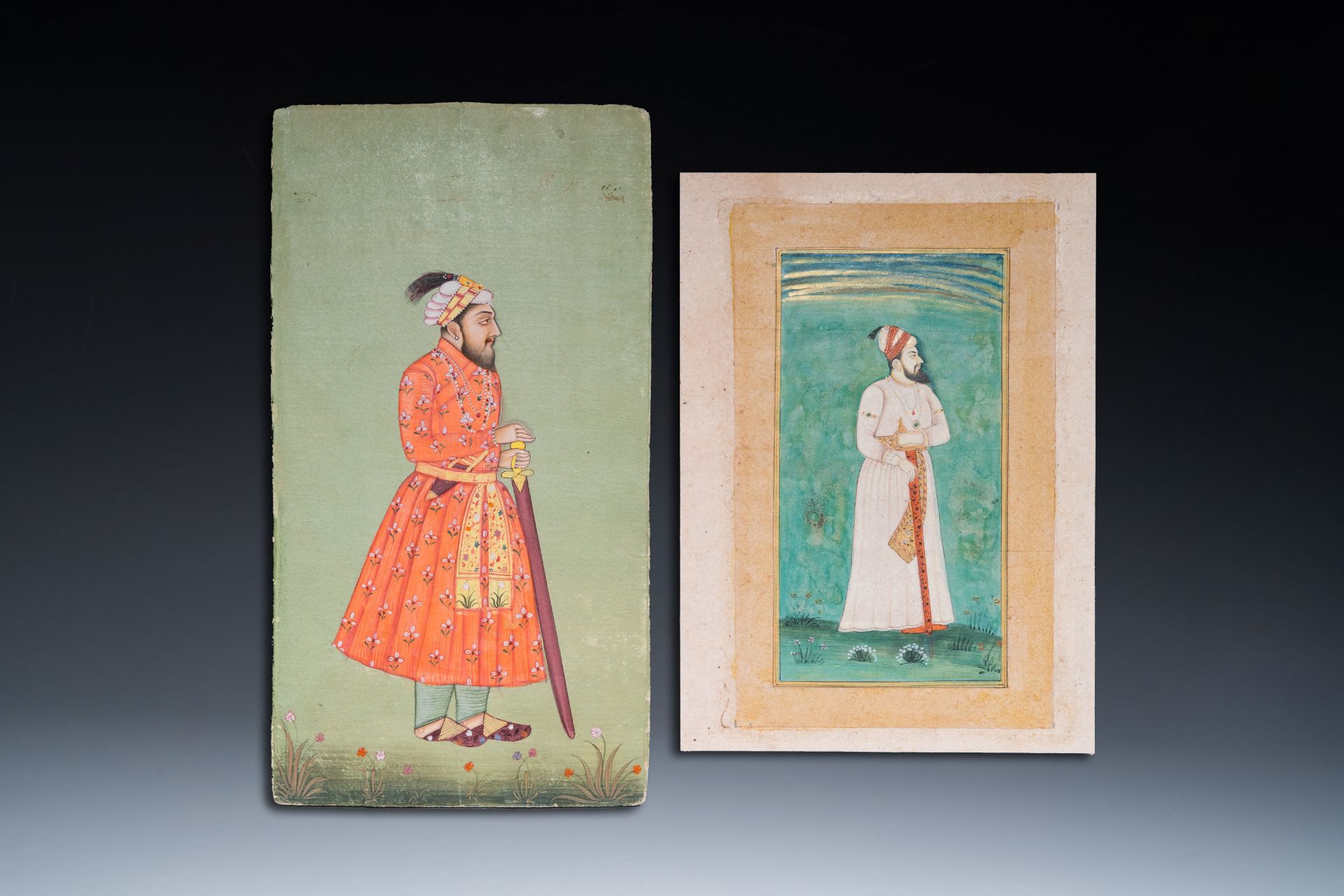 Two Indian school miniatures: 'Portrait of the Mughal Emperor Farrukhsiyar' and 'Portrait of a ruler