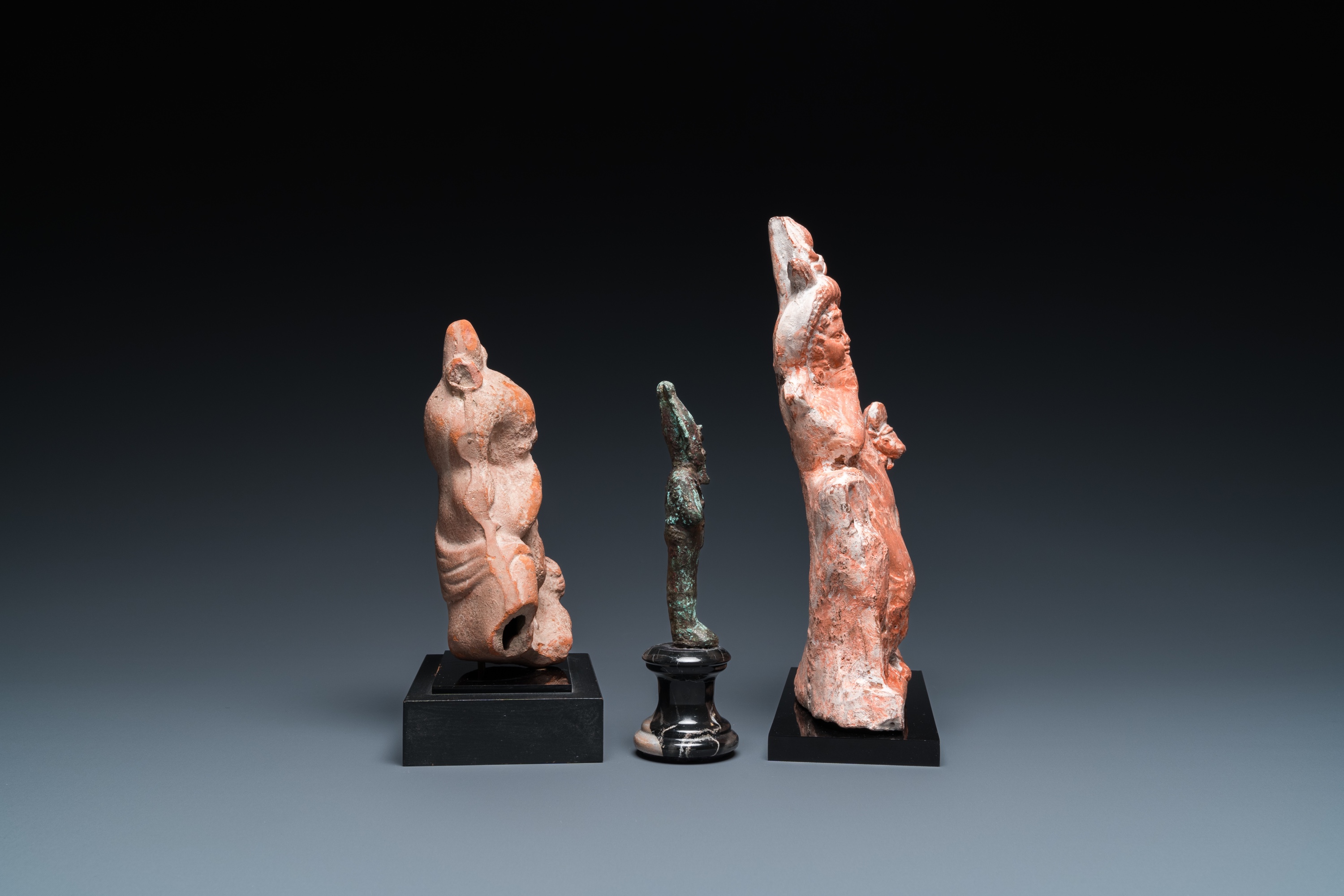 Two Egyptian terracotta sculptures, a bronze sculpture of Osiris and a turquoise frit amulet, Late p - Image 3 of 17