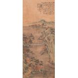 Follower of Qiu Ying ä»‡è‹± (1494-1552): 'Mountainous landscape with pavilions', ink and colour on s