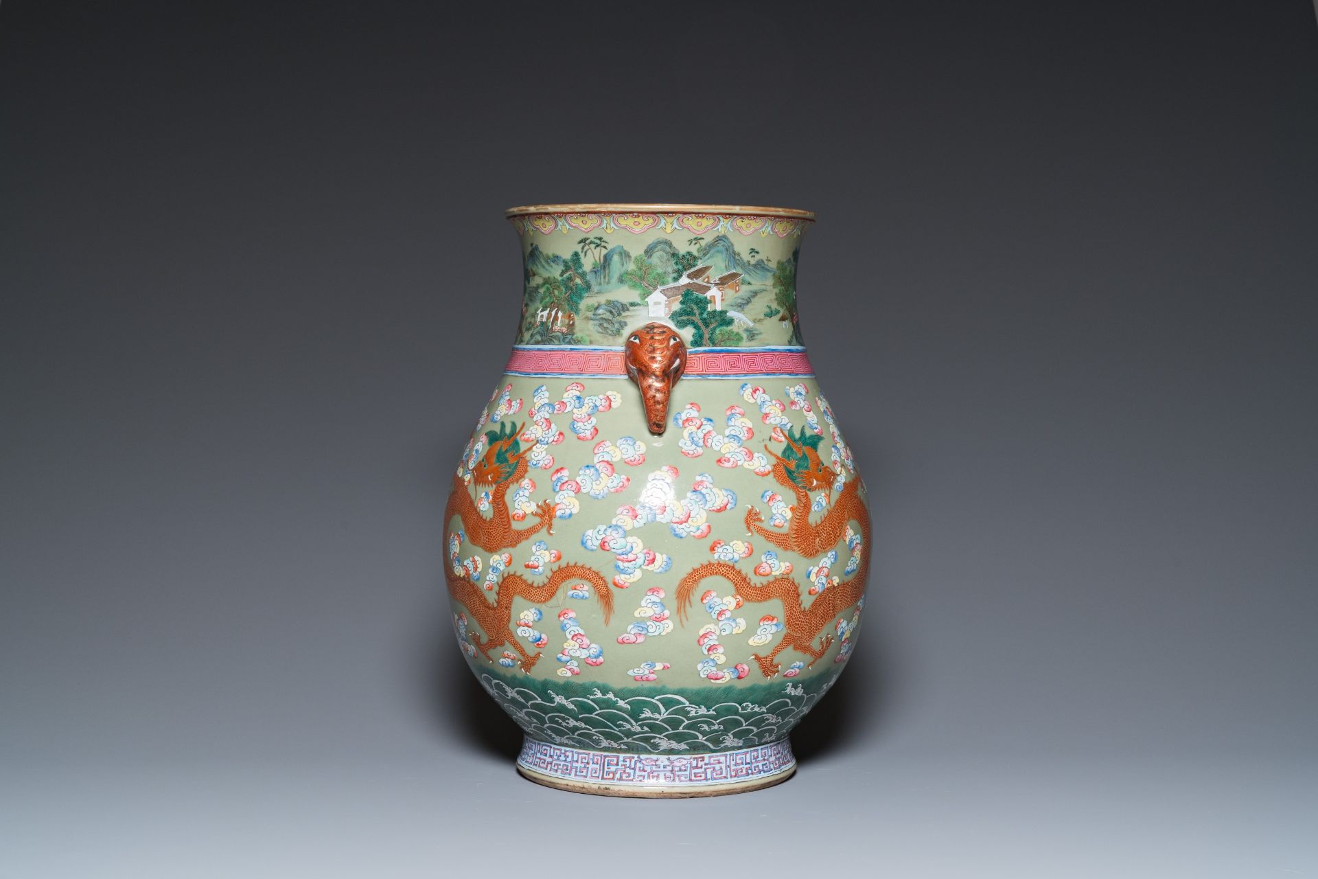 A large Chinese celadon-ground famille rose 'hu' vase with dragons, 19th C. - Image 4 of 6