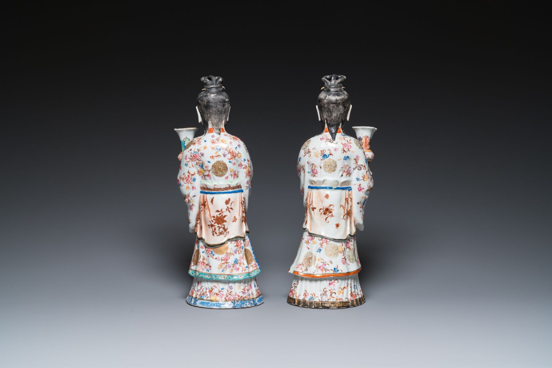 A pair of large Chinese famille rose candle holders in the shape of Mandarin court ladies, Qianlong - Image 4 of 7