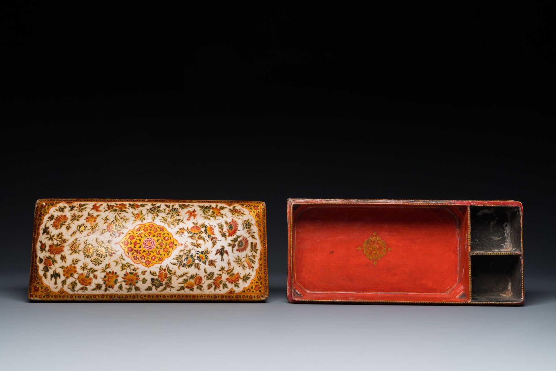 A rectangular lacquered wood writing box, Kashmir, India, 19th C. - Image 10 of 11