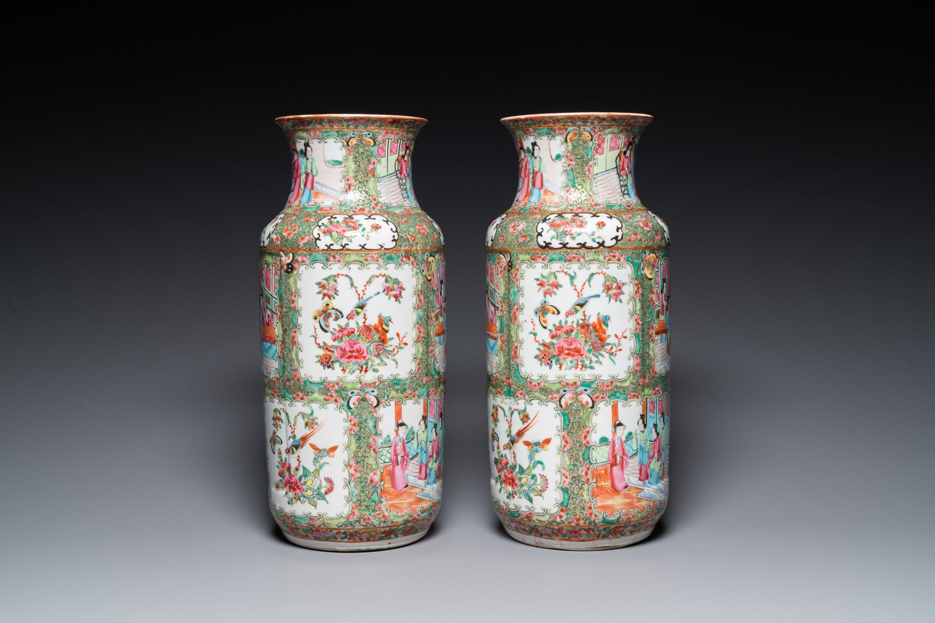 A pair of Chinese Canton famille rose vases and a pair of blue and white covered jars, 19th C. - Image 3 of 13