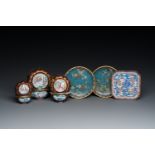 Two Chinese cloisonne saucers, three Canton enamel covered boxes and a saucer, 18/19th C.
