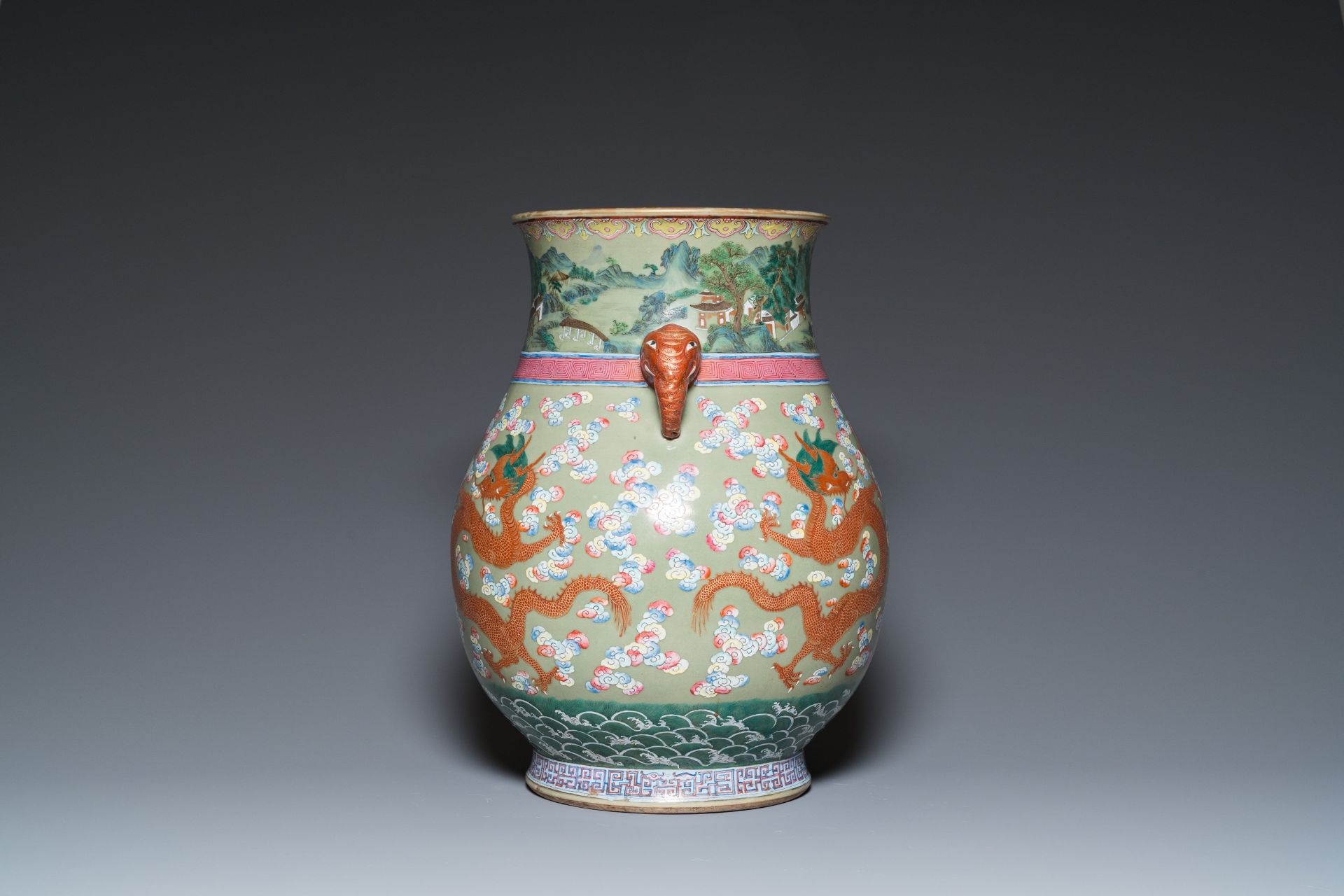 A large Chinese celadon-ground famille rose 'hu' vase with dragons, 19th C. - Image 2 of 6