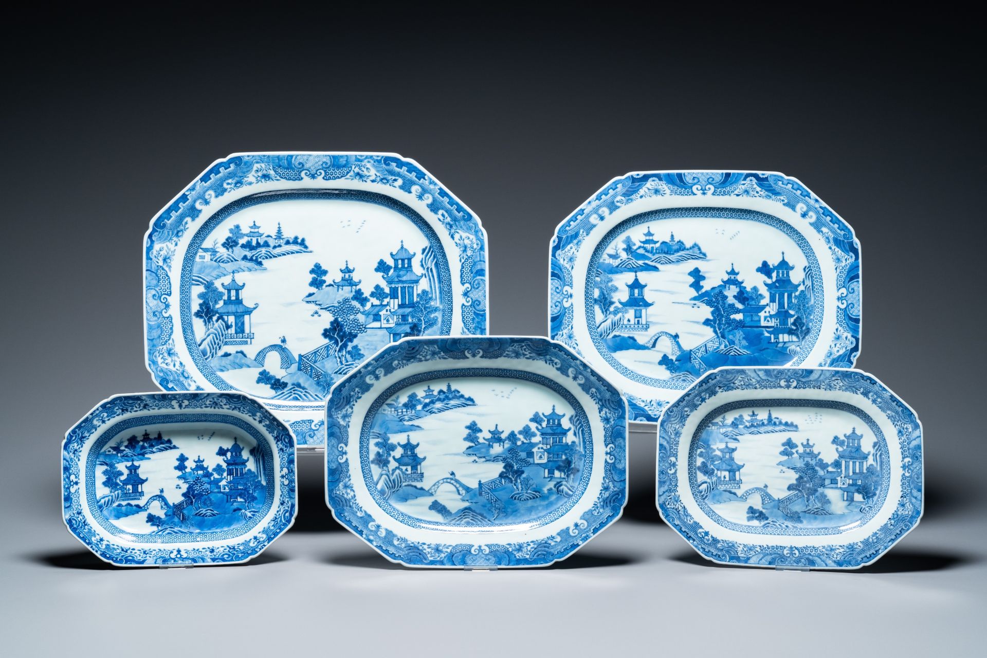 A Chinese blue and white 53-piece service, Qianlong - Image 15 of 19