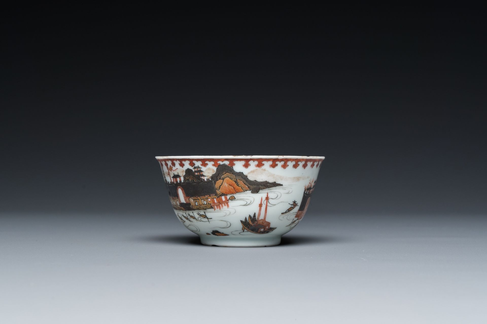 A rare Chinese famille rose 'harbour view' cup and saucer, Yongzheng - Image 5 of 9