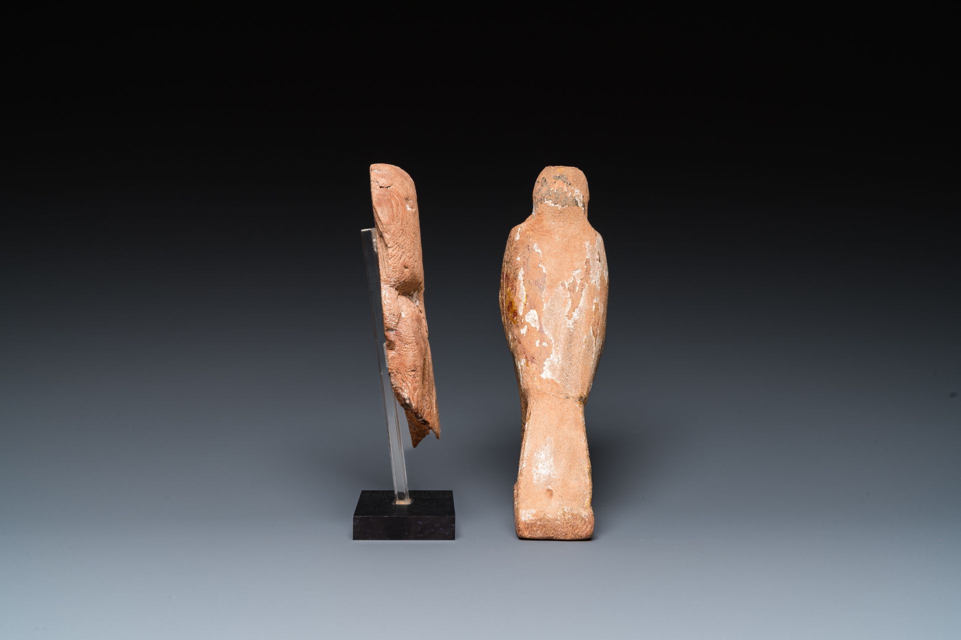 An Egyptian wooden Horus falcon and a fragment of a farao sculpture, Late Period - Image 3 of 7