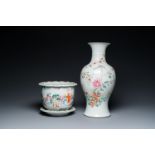 A Chinese famille rose vase and a jardiniere on stand, Hongxian and Qianlong mark, Republic