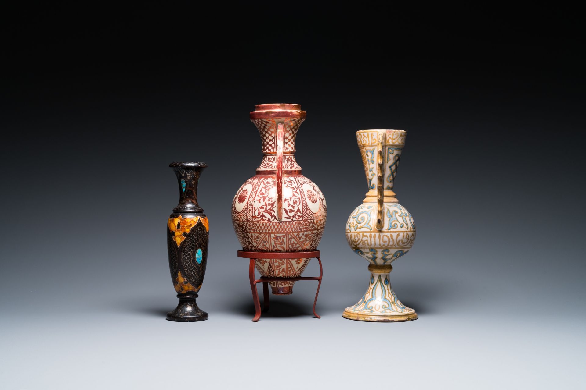 Two Hispano-Moresque lustre-glazed 'Alhambra' vases and a stone-inlaid wooden vase, Spain and Northe - Image 4 of 6