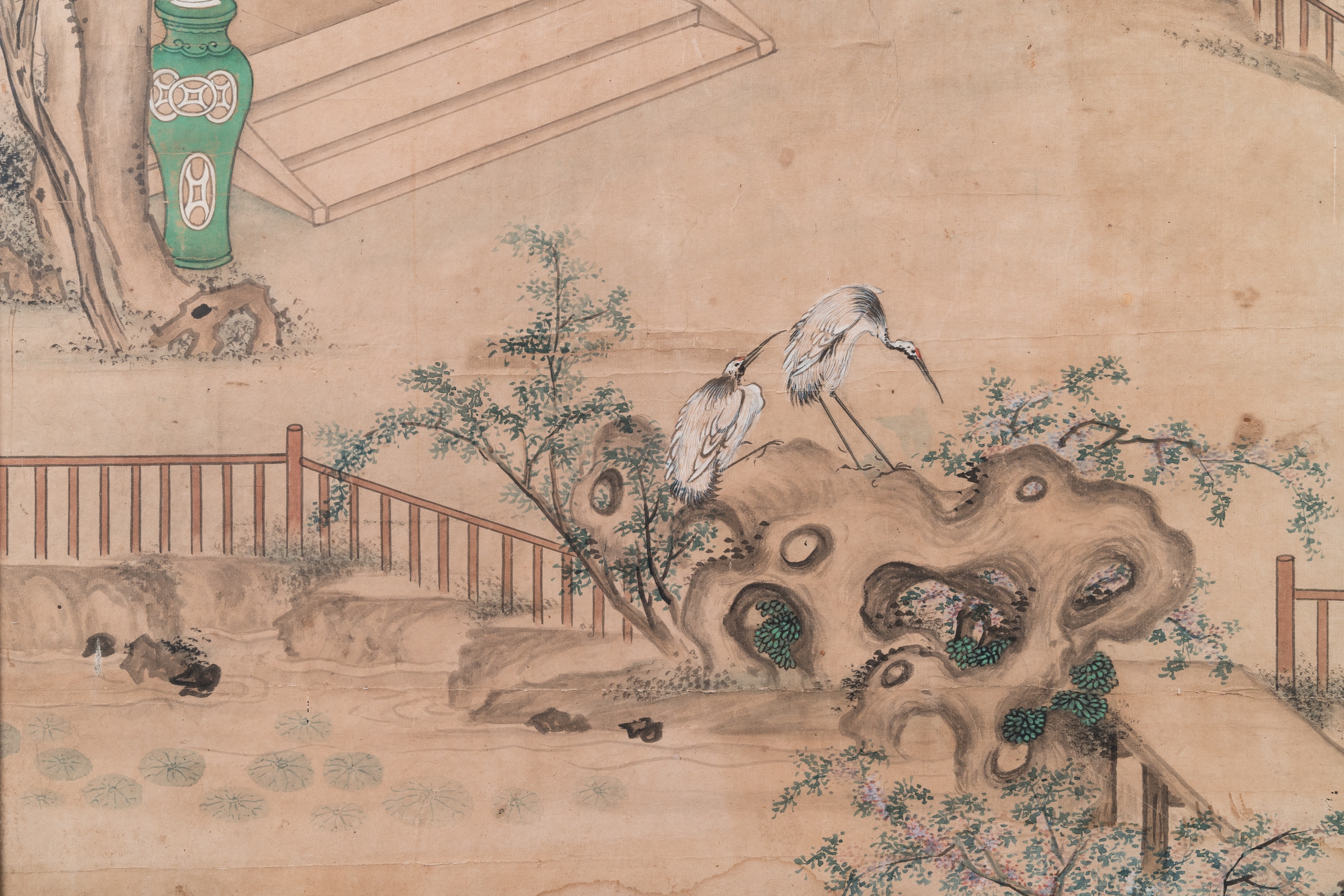 Chinese school: 'A scholar and his servant on a terrace', ink and colour on paper, 18/19th C. - Image 4 of 5