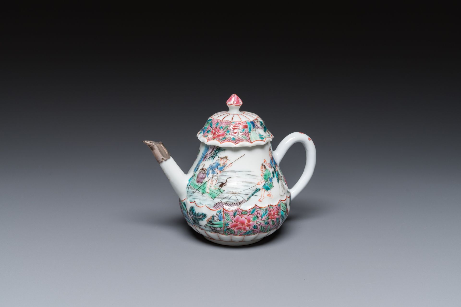 A Chinese famille rose 'fishermen' teapot and cover, Yongzheng