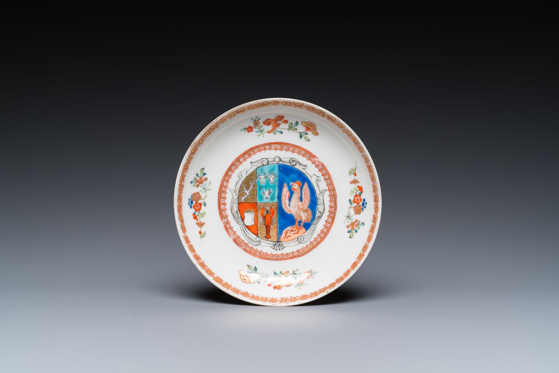 A Chinese verte-Imari armorial dish for the Dutch market with the arms of Scholten impaling Hogenber