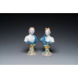 A pair of polychrome Dutch Delft busts on bases imitating marble, 18th C.