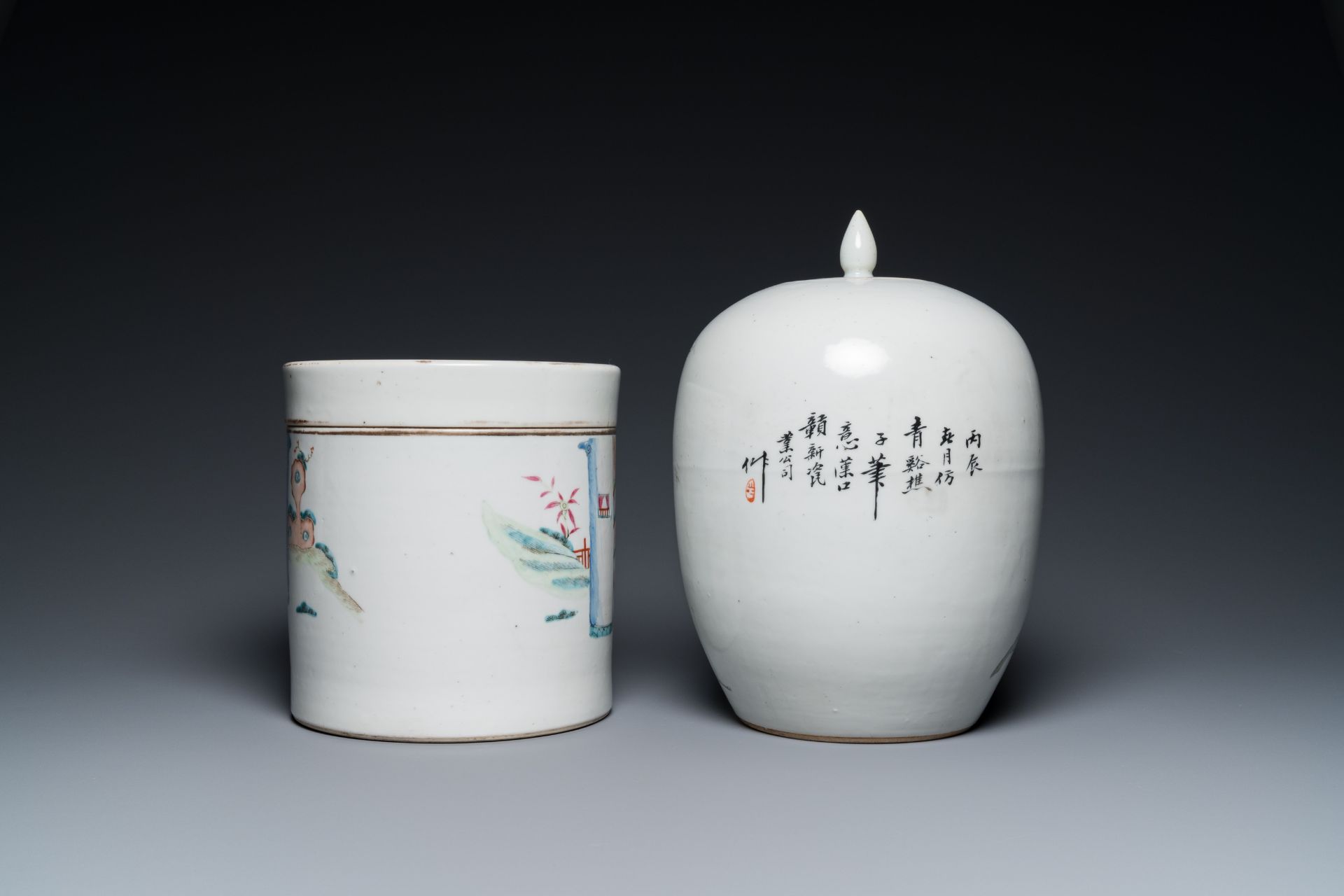 Four Chinese famille rose and qianjiang cai porcelain wares, 19/20th C. - Image 4 of 13