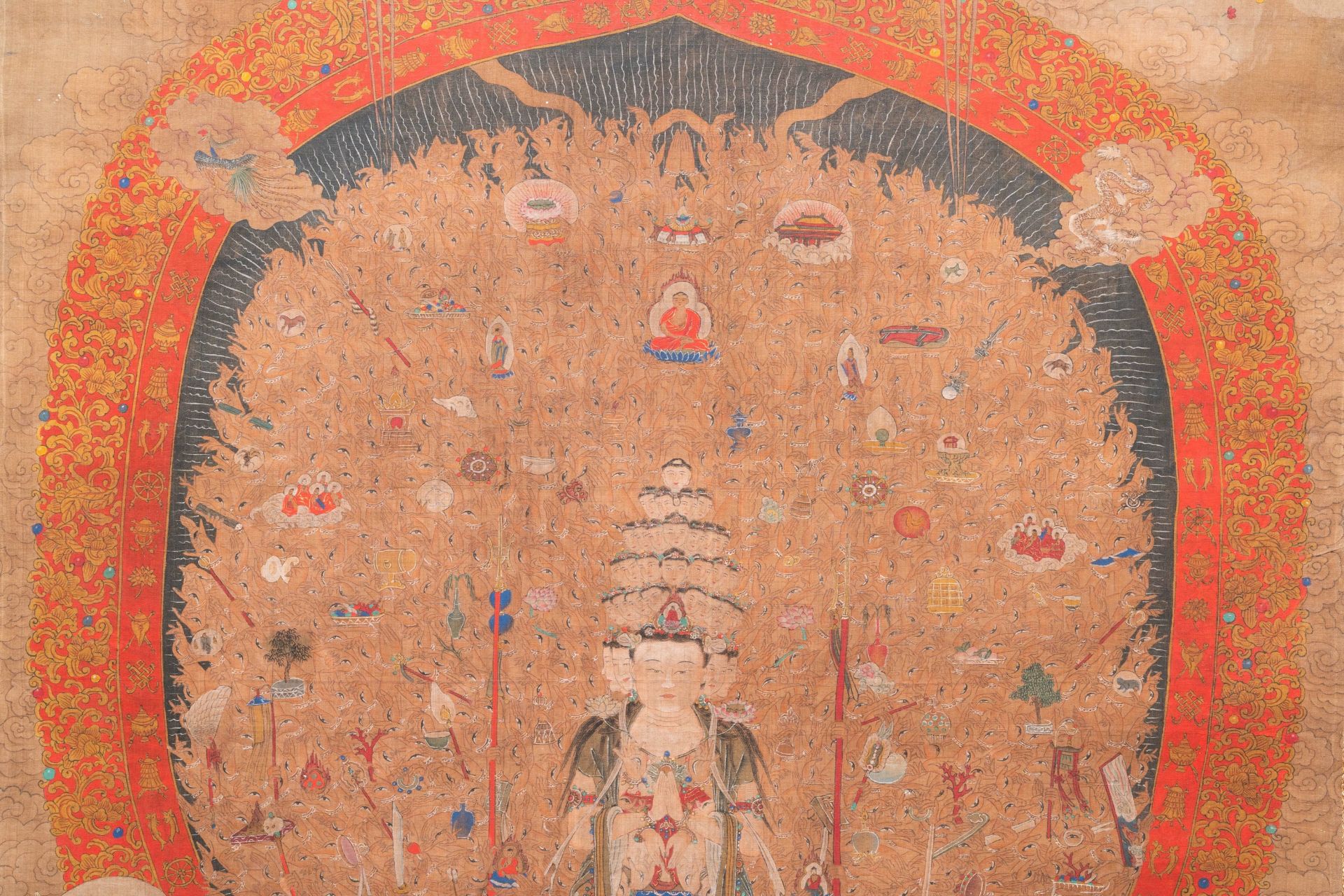 Chinese school: 'The 33-headed Avalokitesvara', ink and colour on silk, 19/20th C. - Image 6 of 72