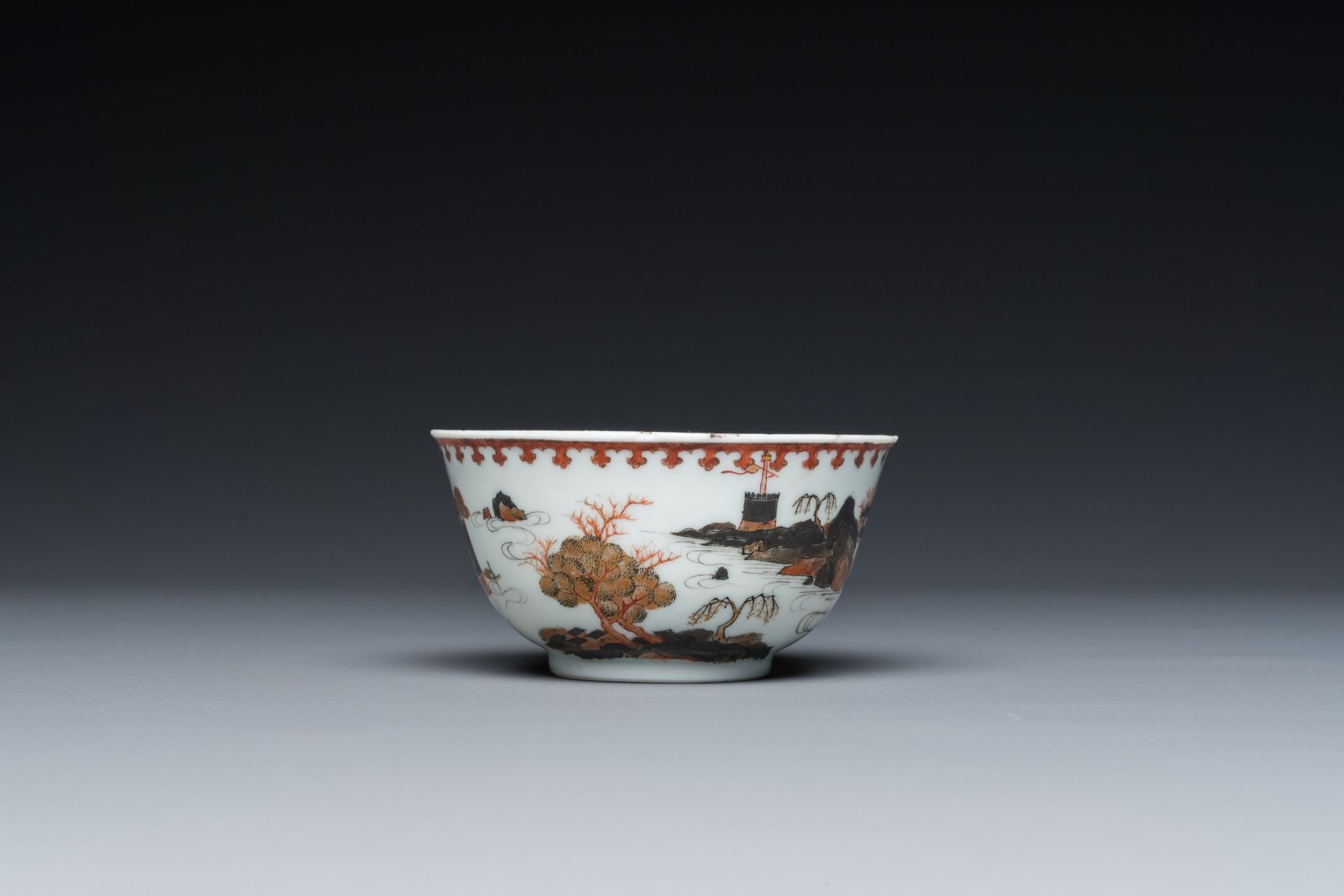 A rare Chinese famille rose 'harbour view' cup and saucer, Yongzheng - Image 7 of 9