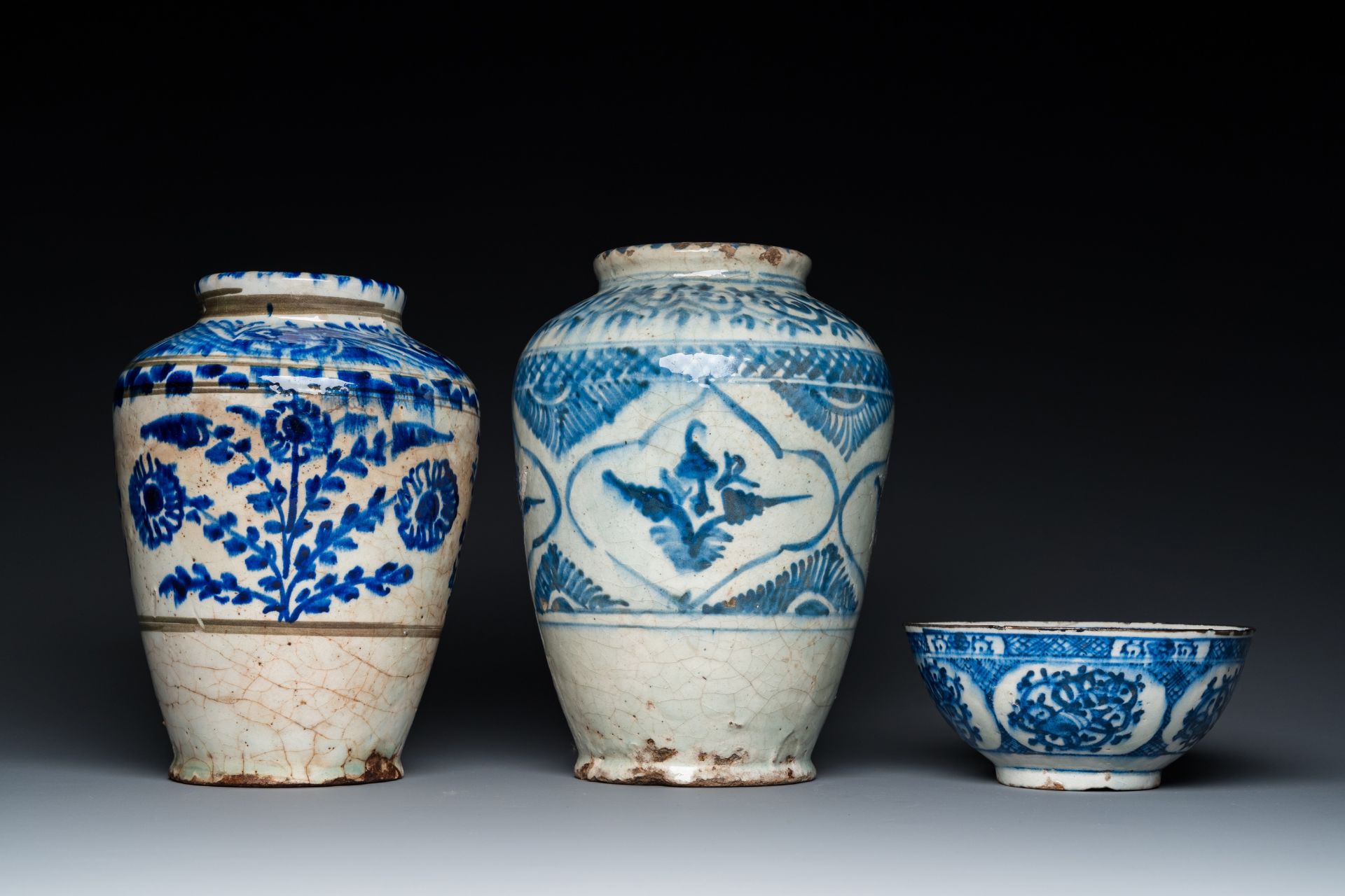 Two blue and white Islamic pottery storage jars and a bowl, Persia, 17/19th C. - Image 2 of 7