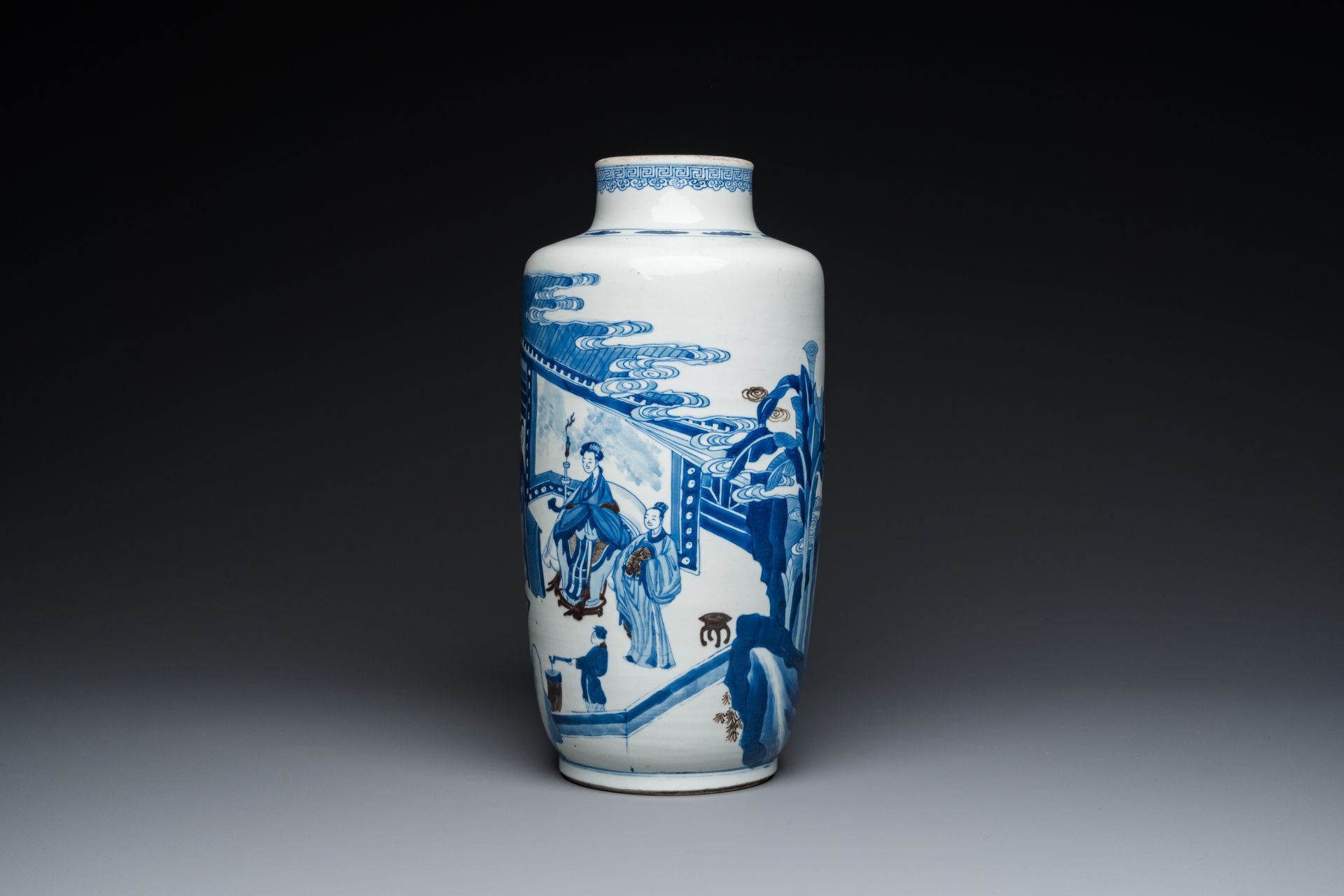 A Chinese blue, white and copper-red 'narrative subject' rouleau vase, Kangxi - Image 3 of 7