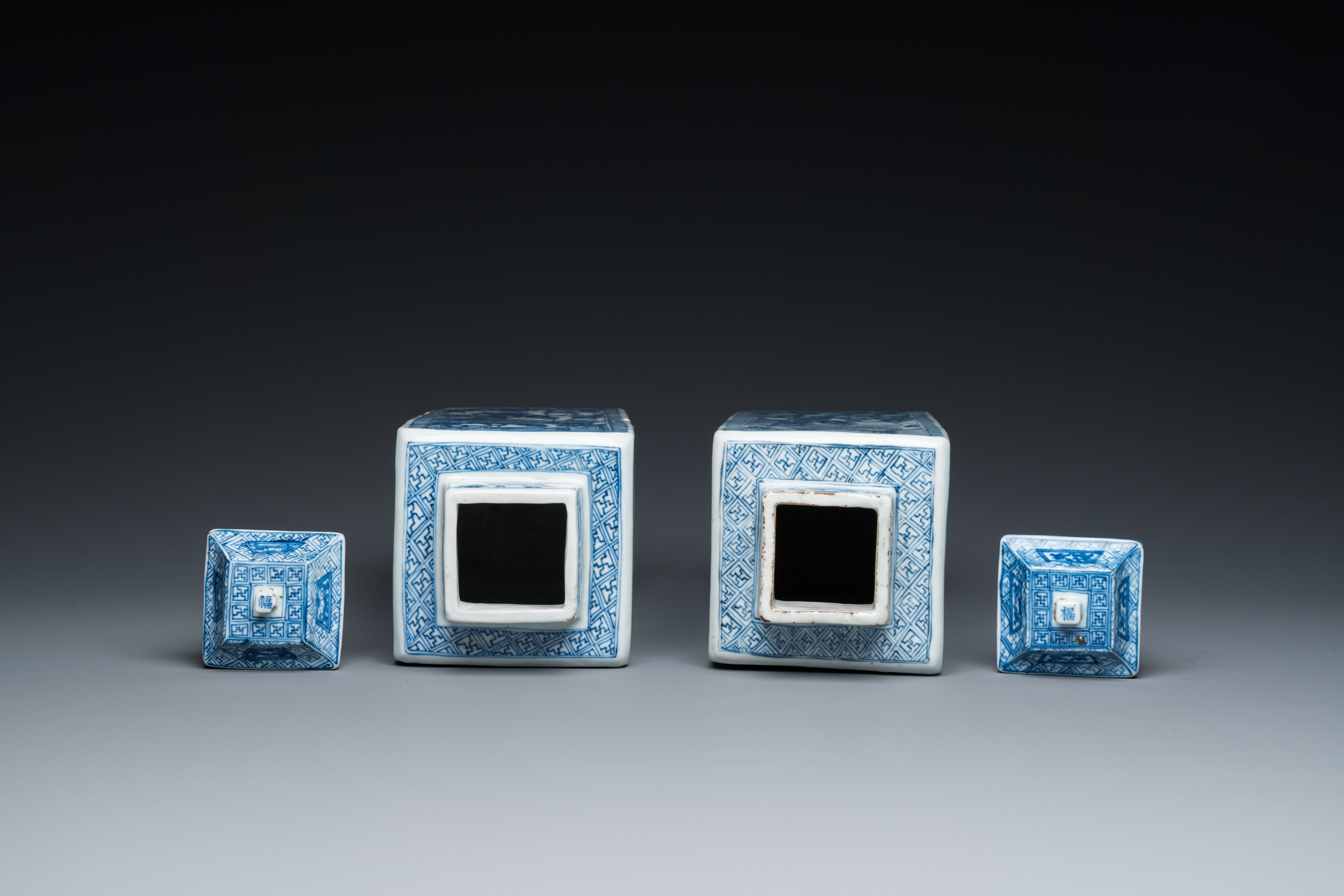 A pair of Chinese blue and white square 'narrative subject' vases and covers, Kangxi - Image 7 of 8