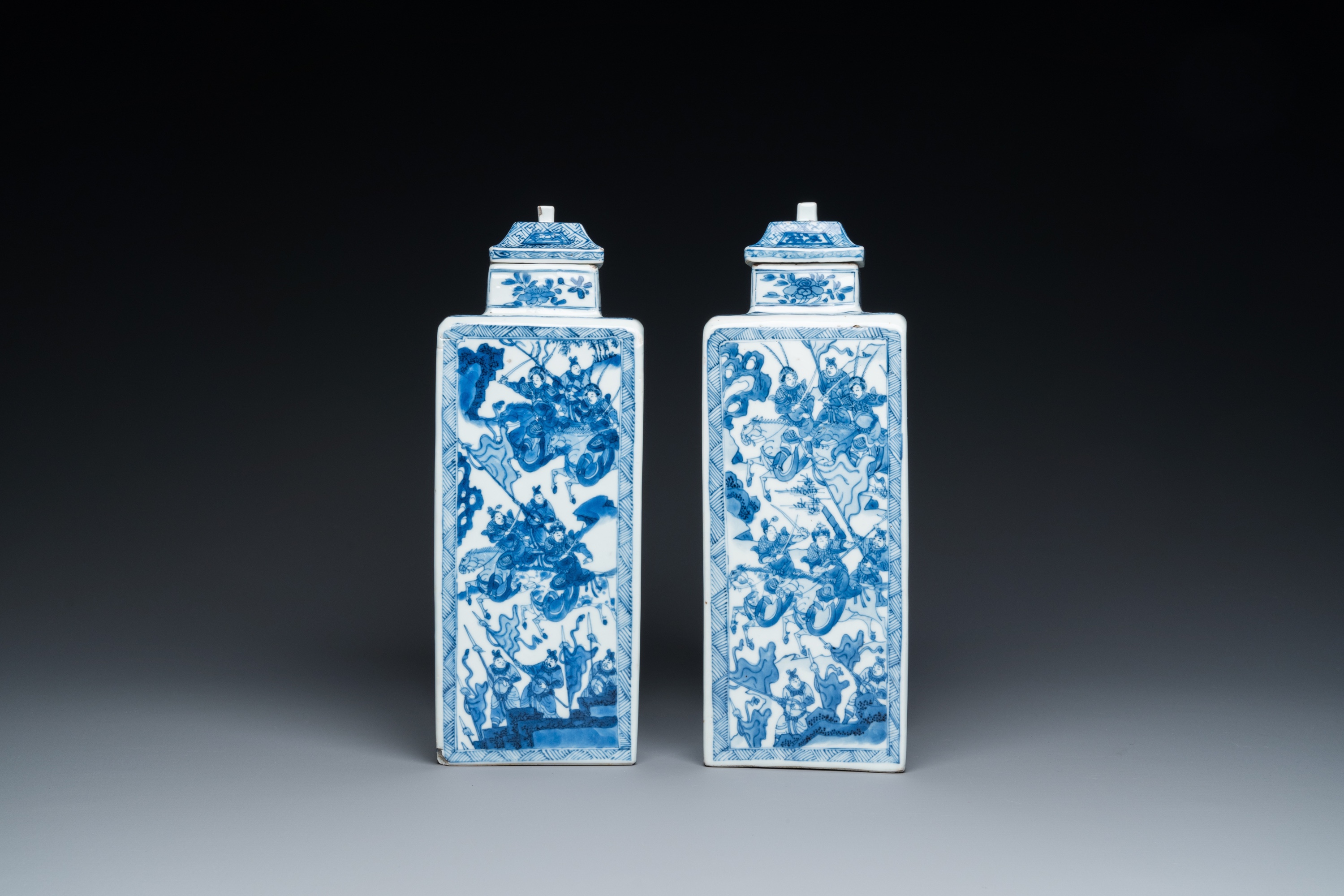 A pair of Chinese blue and white square 'narrative subject' vases and covers, Kangxi - Image 6 of 8